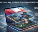 Infographic diagram explaining MacBook Retina scaling with logical workspace, internal render buffer, and physical display resolution layers.