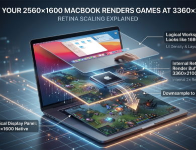 Infographic diagram explaining MacBook Retina scaling with logical workspace, internal render buffer, and physical display resolution layers.