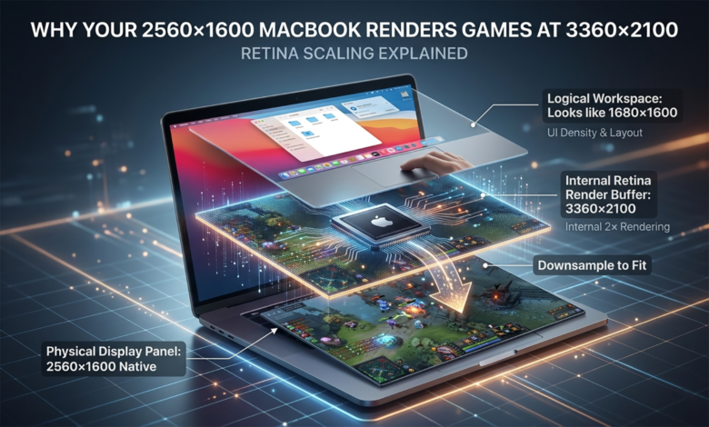 Infographic diagram explaining MacBook Retina scaling with logical workspace, internal render buffer, and physical display resolution layers.