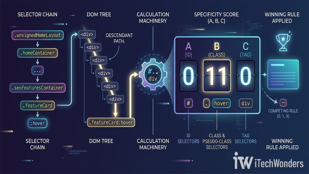 A detailed technical infographic illustrating the calculation of a complex Microsoft CSS selector chain. It maps the descendant path down the DOM tree into a calculation engine, resulting in a three-column specificity score of (0, 11, 0) across ID, Class, and Tag categories.