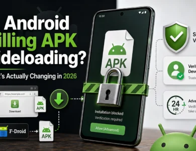 Android smartphone showing installation blocked for an unverified APK, illustrating the new Android Developer Verification and Advanced Flow changes in 2026.