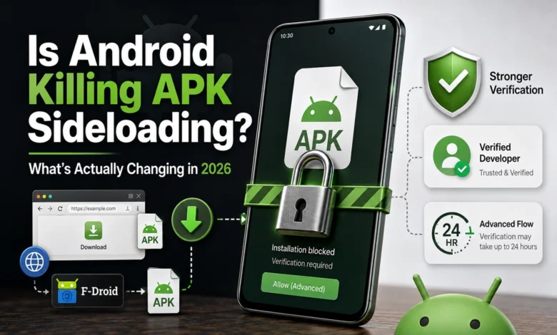 Android smartphone showing installation blocked for an unverified APK, illustrating the new Android Developer Verification and Advanced Flow changes in 2026.