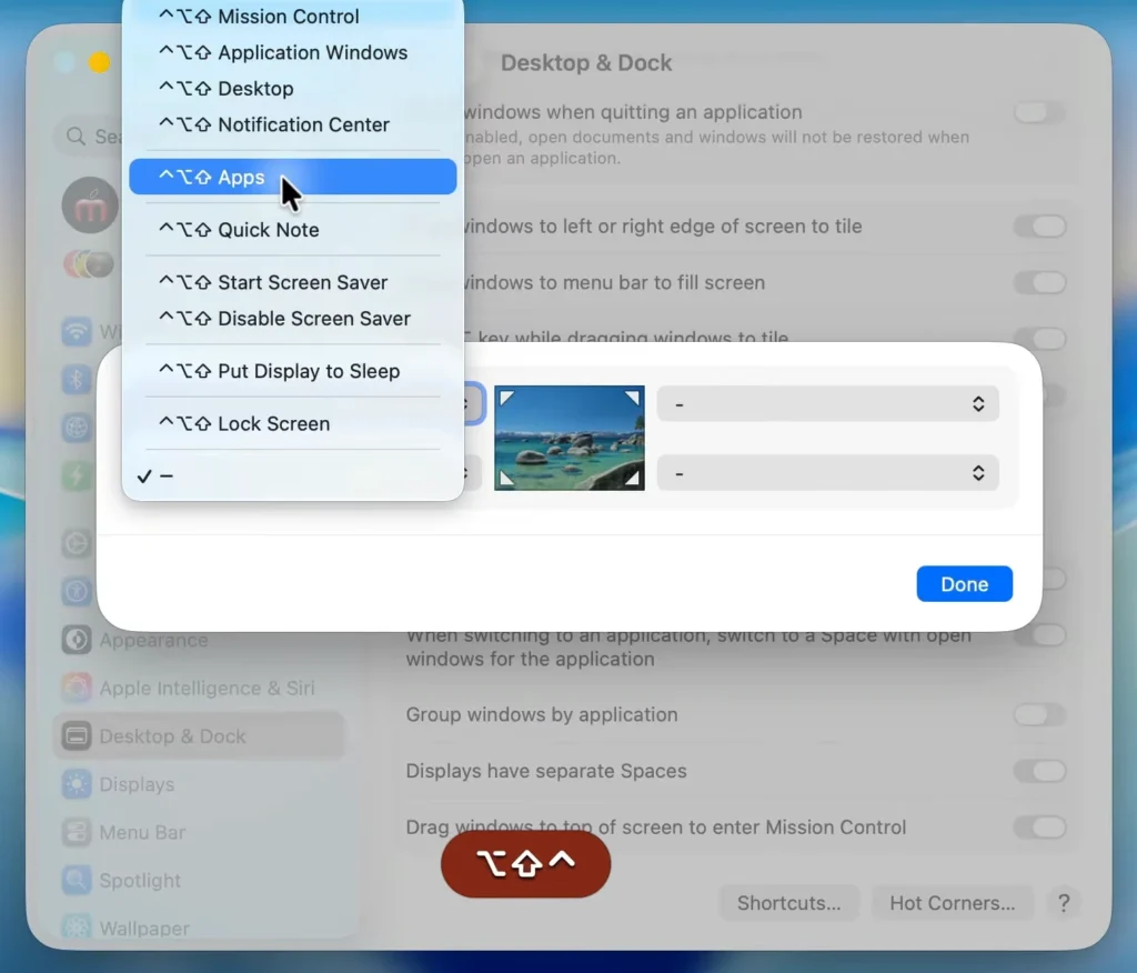 macOS Hot Corners Menu With Modifier Key Symbols Hot Corners dropdown menu in macOS showing modifier key symbols next to actions like Mission Control and Quick Note.
