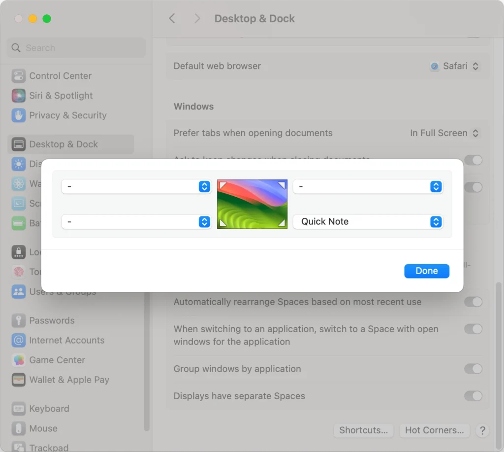 macOS Hot Corners Settings — Quick Note macOS Hot Corners settings showing Quick Note assigned to the bottom-right corner.